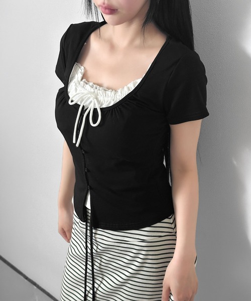 FOLLOWIN(フォロウィン)の「【3COLOR】ネックギャザーリボンレースアップTシャツ(Tシャツ/カットソー・レディース・グレー/ホワイト/ブラック・FREE)」の21枚目の写真