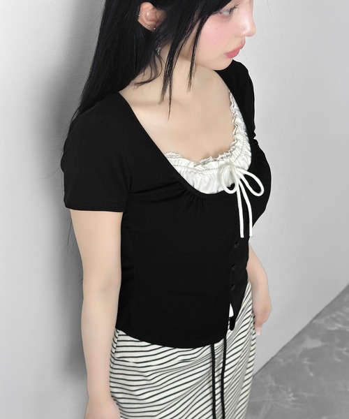 FOLLOWIN(フォロウィン)の「【3COLOR】ネックギャザーリボンレースアップTシャツ(Tシャツ/カットソー・レディース・グレー/ホワイト/ブラック・FREE)」の22枚目の写真