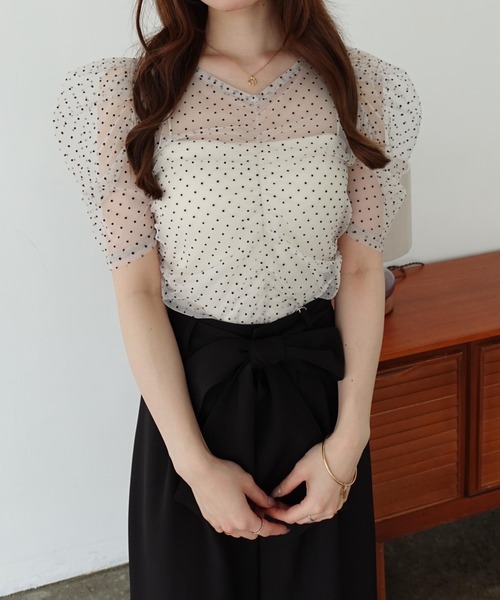 SOELA(ソエラ)の「フロッキードットブラウス(Tシャツ/カットソー・レディース・ホワイト×ブラック/ブラック×ブラック・FREE)」の2枚目の写真