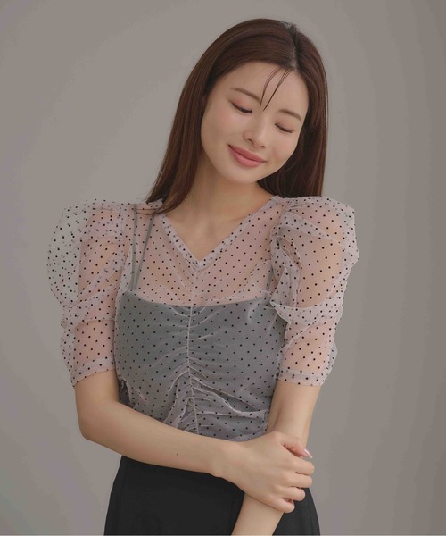SOELA(ソエラ)の「フロッキードットブラウス(Tシャツ/カットソー・レディース・ホワイト×ブラック/ブラック×ブラック・FREE)」の4枚目の写真