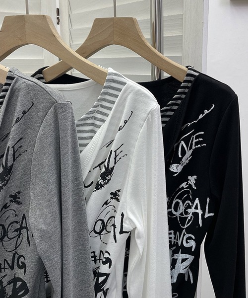 MEMECLE(メメクル)の「【 MEMECLE / メメクル 】バタフライ ボーダーカットソー Y2K レイヤード風(Tシャツ/カットソー・レディース・ホワイト/グレー/ブラック・FREE)」の9枚目の写真