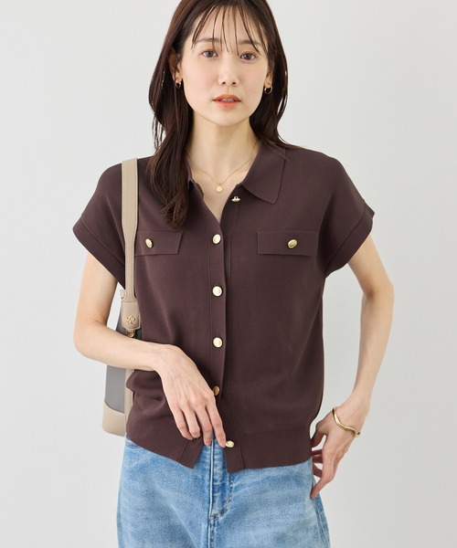 ROPE' PICNIC(ロペピクニック)の「八方映えニット 金ボタンフレンチスリーブポロカラーカーディガン/UVカット・接触冷感・イージーケア(カーディガン/ボレロ・レディース・ブラウン/オフホワイト/サックスブルー/ブラック・FREE)」の1枚目の写真