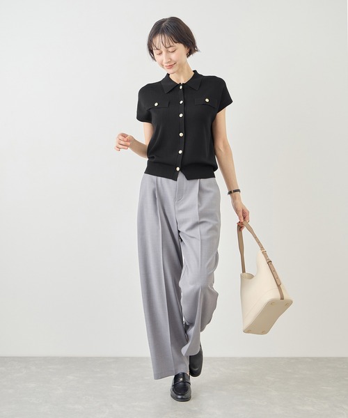 ROPE' PICNIC(ロペピクニック)の「八方映えニット 金ボタンフレンチスリーブポロカラーカーディガン/UVカット・接触冷感・イージーケア(カーディガン/ボレロ・レディース・ブラウン/オフホワイト/サックスブルー/ブラック・FREE)」の6枚目の写真