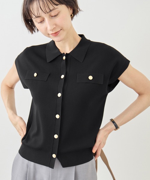 ROPE' PICNIC(ロペピクニック)の「八方映えニット 金ボタンフレンチスリーブポロカラーカーディガン/UVカット・接触冷感・イージーケア(カーディガン/ボレロ・レディース・ブラウン/オフホワイト/サックスブルー/ブラック・FREE)」の7枚目の写真