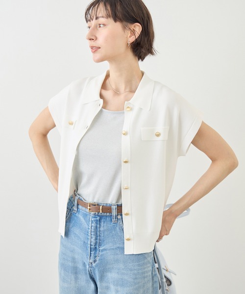 ROPE' PICNIC(ロペピクニック)の「八方映えニット 金ボタンフレンチスリーブポロカラーカーディガン/UVカット・接触冷感・イージーケア(カーディガン/ボレロ・レディース・ブラウン/オフホワイト/サックスブルー/ブラック・FREE)」の11枚目の写真