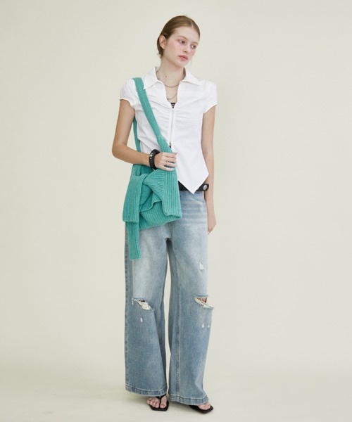 Rohwel（ローウェル）の「Front Zip Shirred Shirt / フロントジップシャーリングシャツ（シャツ/ブラウス・レディース・ライトブルー/ホワイト・FREE）」の10枚目の写真