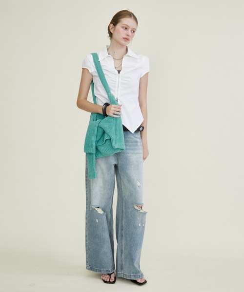 Rohwel（ローウェル）の「Front Zip Shirred Shirt / フロントジップシャーリングシャツ（シャツ/ブラウス・レディース・ライトブルー/ホワイト・FREE）」の3枚目の写真