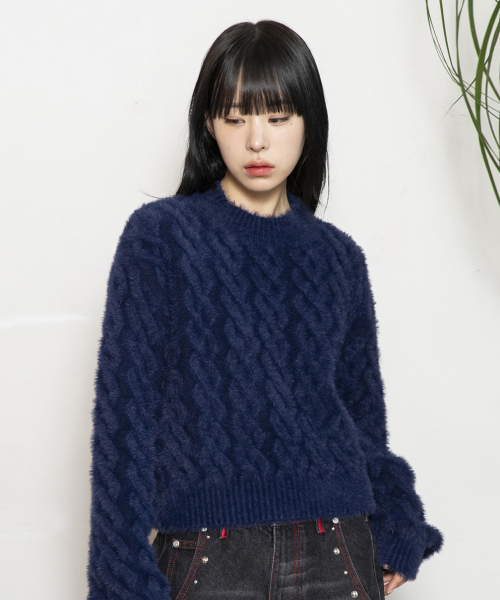 RuNaKi'Hu'(ルナキフ)の「WXK014 ルーズケーブルニットプルオーバー ヘアリーニット (ダークネイビー)(ニット/セーター・レディース・その他・1/2)」の1枚目の写真