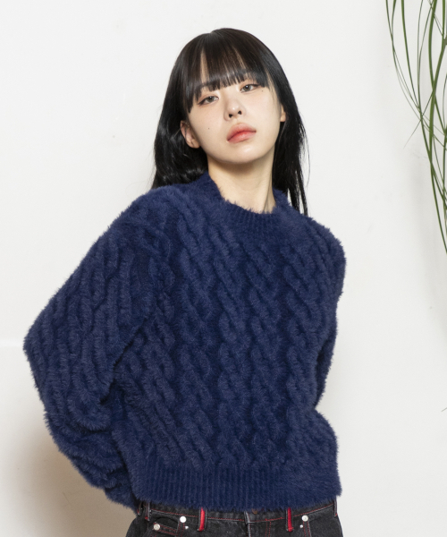 RuNaKi'Hu'(ルナキフ)の「WXK014 ルーズケーブルニットプルオーバー ヘアリーニット (ダークネイビー)(ニット/セーター・レディース・その他・1/2)」の2枚目の写真