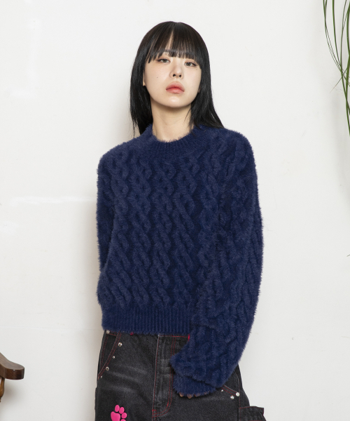 RuNaKi'Hu'(ルナキフ)の「WXK014 ルーズケーブルニットプルオーバー ヘアリーニット (ダークネイビー)(ニット/セーター・レディース・その他・1/2)」の3枚目の写真