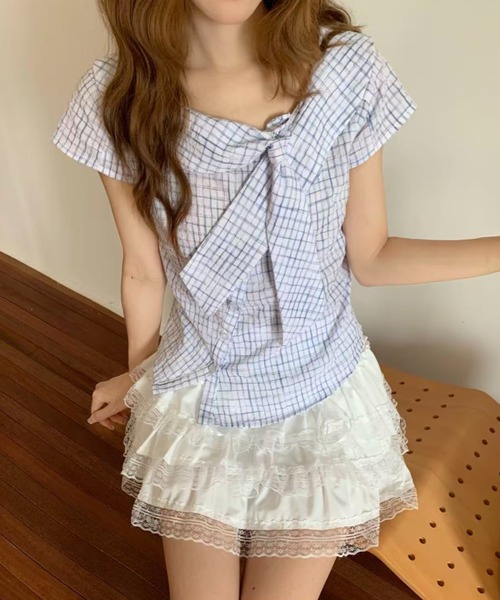 AsRiRe(アスリレイ)の「26ss SummerCollection/二色展開 ビッグリボンチェック柄ブラウス(シャツ/ブラウス・レディース・ホワイト/ブルー・M)」の1枚目の写真