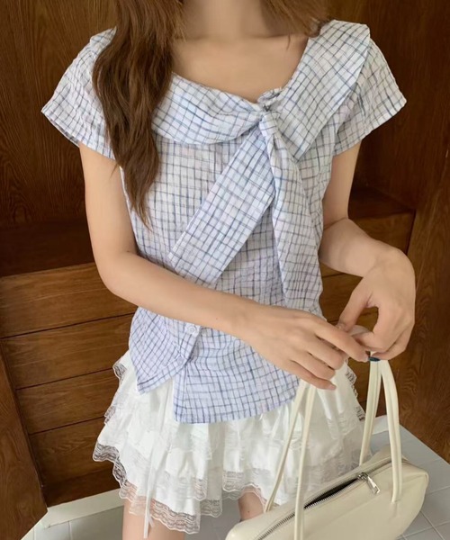 AsRiRe(アスリレイ)の「26ss SummerCollection/二色展開 ビッグリボンチェック柄ブラウス(シャツ/ブラウス・レディース・ホワイト/ブルー・M)」の3枚目の写真