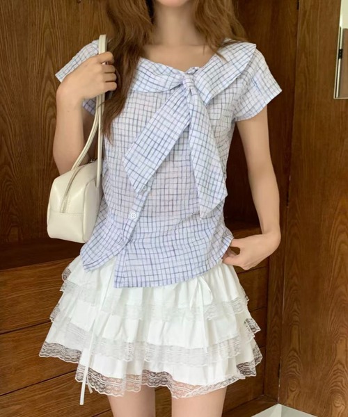 AsRiRe(アスリレイ)の「26ss SummerCollection/二色展開 ビッグリボンチェック柄ブラウス(シャツ/ブラウス・レディース・ホワイト/ブルー・M)」の5枚目の写真