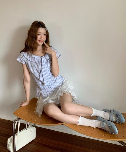 AsRiRe(アスリレイ)の「26ss SummerCollection/二色展開 ビッグリボンチェック柄ブラウス(シャツ/ブラウス・レディース・ホワイト/ブルー・M)」の6枚目の写真