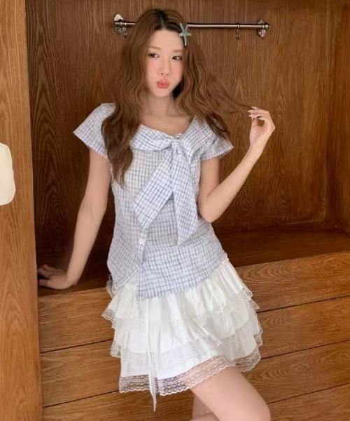 AsRiRe(アスリレイ)の「26ss SummerCollection/二色展開 ビッグリボンチェック柄ブラウス(シャツ/ブラウス・レディース・ホワイト/ブルー・M)」の7枚目の写真