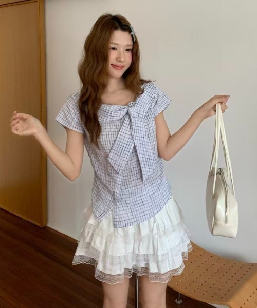 AsRiRe(アスリレイ)の「26ss SummerCollection/二色展開 ビッグリボンチェック柄ブラウス(シャツ/ブラウス・レディース・ホワイト/ブルー・M)」の9枚目の写真