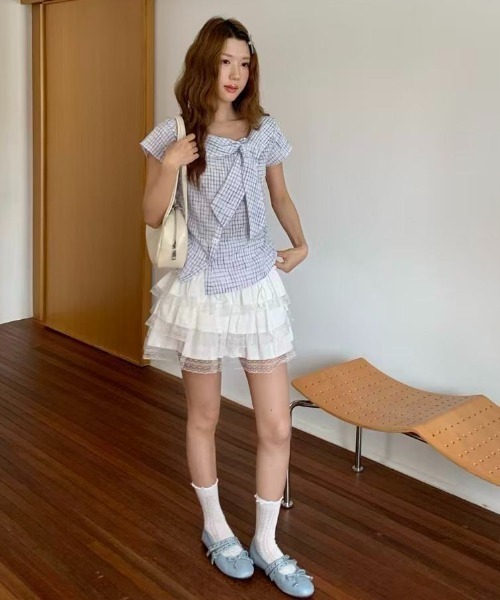 AsRiRe(アスリレイ)の「26ss SummerCollection/二色展開 ビッグリボンチェック柄ブラウス(シャツ/ブラウス・レディース・ホワイト/ブルー・M)」の10枚目の写真