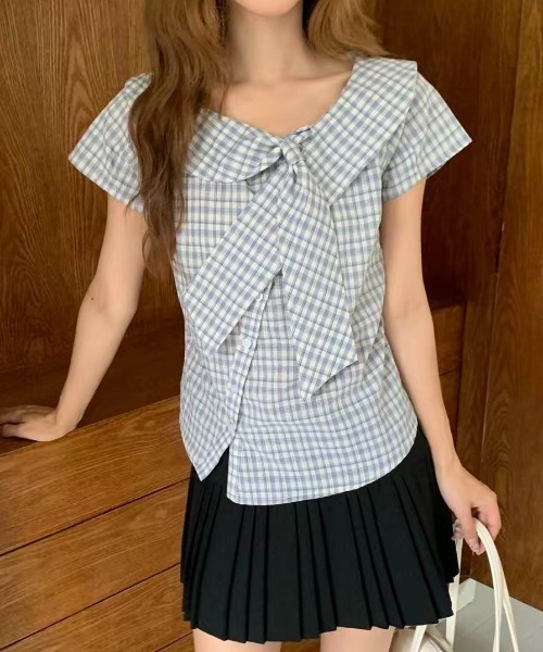 AsRiRe(アスリレイ)の「26ss SummerCollection/二色展開 ビッグリボンチェック柄ブラウス(シャツ/ブラウス・レディース・ホワイト/ブルー・M)」の11枚目の写真
