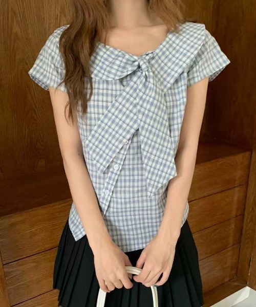 AsRiRe(アスリレイ)の「26ss SummerCollection/二色展開 ビッグリボンチェック柄ブラウス(シャツ/ブラウス・レディース・ホワイト/ブルー・M)」の12枚目の写真