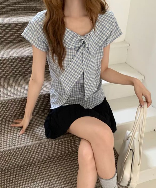 AsRiRe(アスリレイ)の「26ss SummerCollection/二色展開 ビッグリボンチェック柄ブラウス(シャツ/ブラウス・レディース・ホワイト/ブルー・M)」の13枚目の写真