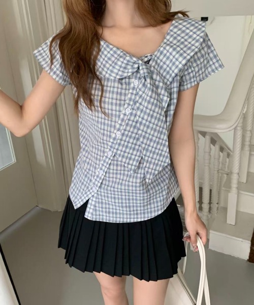 AsRiRe(アスリレイ)の「26ss SummerCollection/二色展開 ビッグリボンチェック柄ブラウス(シャツ/ブラウス・レディース・ホワイト/ブルー・M)」の14枚目の写真