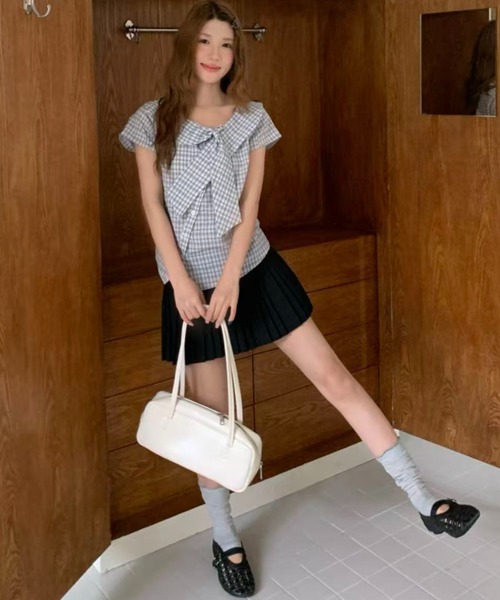 AsRiRe(アスリレイ)の「26ss SummerCollection/二色展開 ビッグリボンチェック柄ブラウス(シャツ/ブラウス・レディース・ホワイト/ブルー・M)」の16枚目の写真