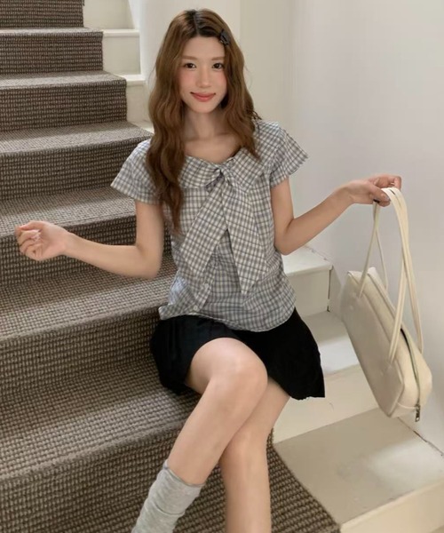 AsRiRe(アスリレイ)の「26ss SummerCollection/二色展開 ビッグリボンチェック柄ブラウス(シャツ/ブラウス・レディース・ホワイト/ブルー・M)」の18枚目の写真