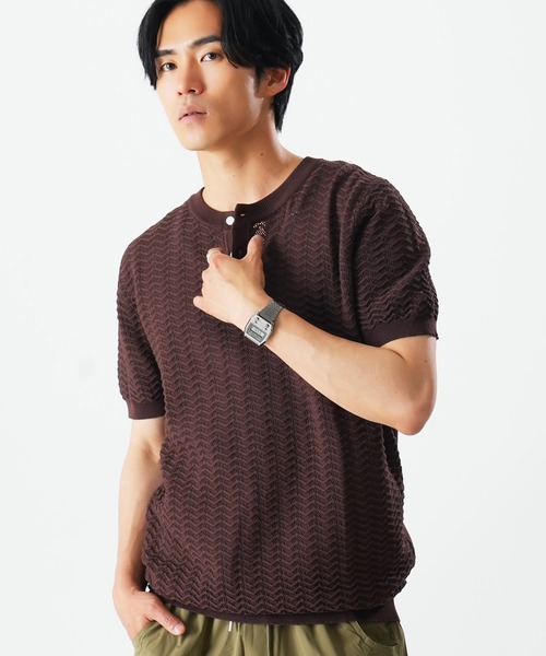 Beno(ビーノ)の「透かし編み ヘンリーネック 半袖ニット / サマーニット シアーニット メンズ ジャガード Sheer Henley Knit(Tシャツ/カットソー・メンズ・ブラック/アイボリー/ブラウン・MEDIUM/LARGE/X-LARGE)」の3枚目の写真