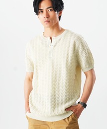 Beno | 透かし編み ヘンリーネック 半袖ニット / サマーニット シアーニット メンズ ジャガード Sheer Henley Knit(Tシャツ/カットソー)