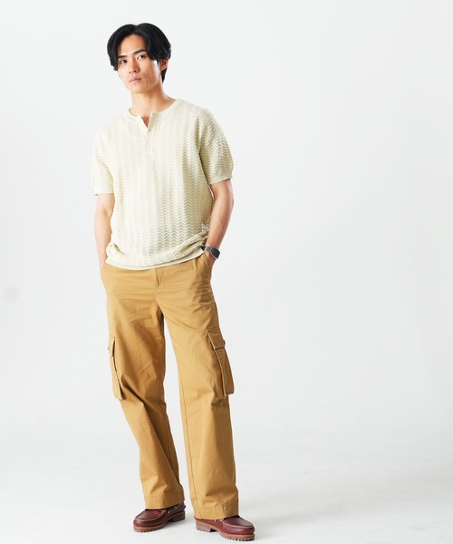 Beno(ビーノ)の「透かし編み ヘンリーネック 半袖ニット / サマーニット シアーニット メンズ ジャガード Sheer Henley Knit(Tシャツ/カットソー・メンズ・ブラック/アイボリー/ブラウン・MEDIUM/LARGE/X-LARGE)」の6枚目の写真
