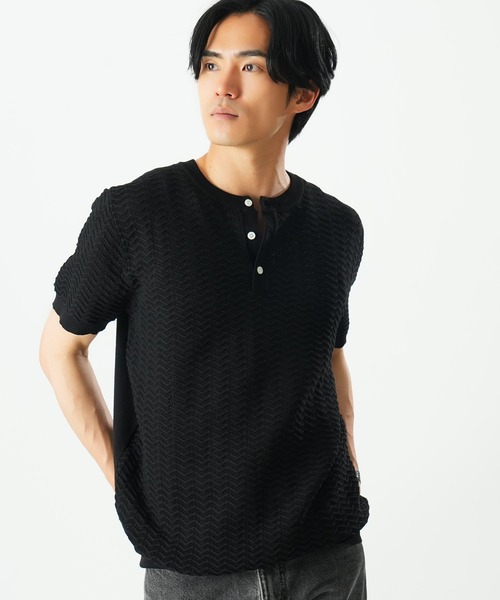 Beno(ビーノ)の「透かし編み ヘンリーネック 半袖ニット / サマーニット シアーニット メンズ ジャガード Sheer Henley Knit(Tシャツ/カットソー・メンズ・ブラック/アイボリー/ブラウン・MEDIUM/LARGE/X-LARGE)」の8枚目の写真