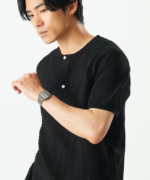 Beno(ビーノ)の「透かし編み ヘンリーネック 半袖ニット / サマーニット シアーニット メンズ ジャガード Sheer Henley Knit(Tシャツ/カットソー・メンズ・ブラック/アイボリー/ブラウン・MEDIUM/LARGE/X-LARGE)」の9枚目の写真