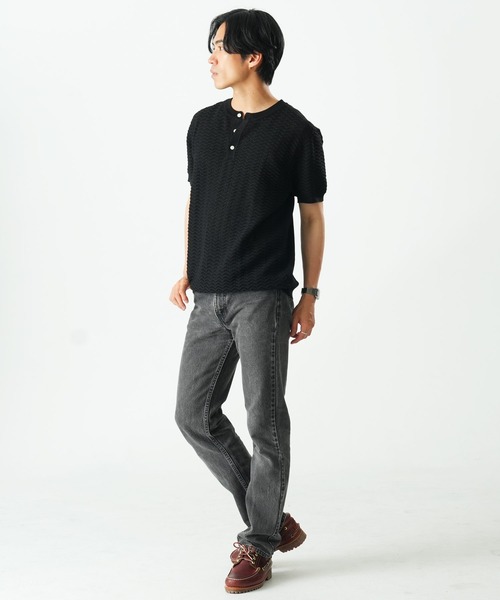 Beno(ビーノ)の「透かし編み ヘンリーネック 半袖ニット / サマーニット シアーニット メンズ ジャガード Sheer Henley Knit(Tシャツ/カットソー・メンズ・ブラック/アイボリー/ブラウン・MEDIUM/LARGE/X-LARGE)」の11枚目の写真