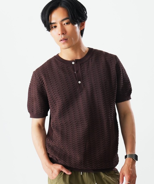 Beno(ビーノ)の「透かし編み ヘンリーネック 半袖ニット / サマーニット シアーニット メンズ ジャガード Sheer Henley Knit(Tシャツ/カットソー・メンズ・ブラック/アイボリー/ブラウン・MEDIUM/LARGE/X-LARGE)」の12枚目の写真