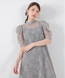 マーブルジャガードパフスリーブワンピースドレス パーティー 結婚式