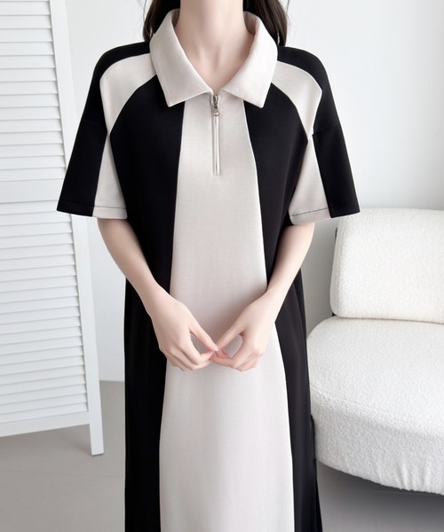ABITOKYO（アビトーキョー）の「ハーフジップバイカラーワンピース（ワンピース・レディース・ブラック/チャコールグレー・M/L）」の2枚目の写真
