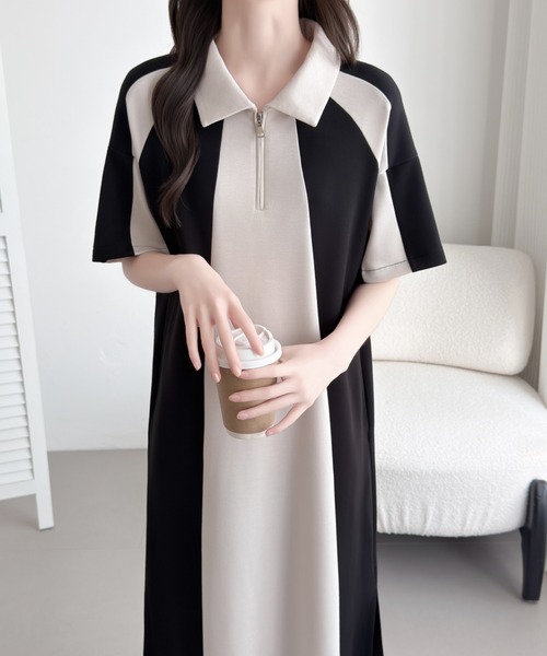 ABITOKYO（アビトーキョー）の「ハーフジップバイカラーワンピース（ワンピース・レディース・ブラック/チャコールグレー・M/L）」の8枚目の写真