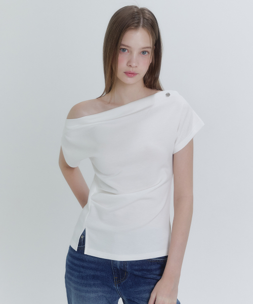 MICANE（ミケーネ）の「ルーズオフショルダーピンタックTシャツ（Tシャツ/カットソー・レディース・アイボリー/ブラック・SMALL/MEDIUM/LARGE/X-LARGE）」の7枚目の写真