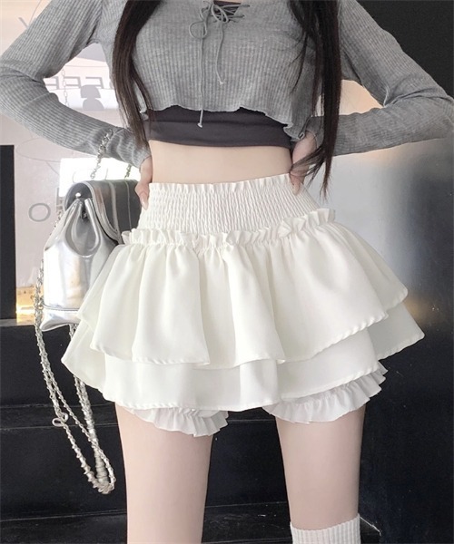 FREE STYLISTS(フリー スタイリスト)の「ウエストゴムシャーリング フリルミニティアードスカート(スカート・レディース・ブラック/ホワイト・M/XS/L/S)」の1枚目の写真
