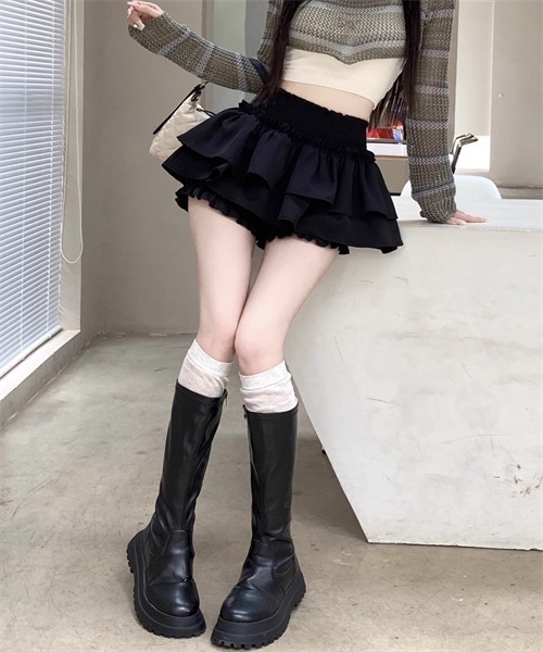 FREE STYLISTS(フリー スタイリスト)の「ウエストゴムシャーリング フリルミニティアードスカート(スカート・レディース・ブラック/ホワイト・M/XS/L/S)」の21枚目の写真