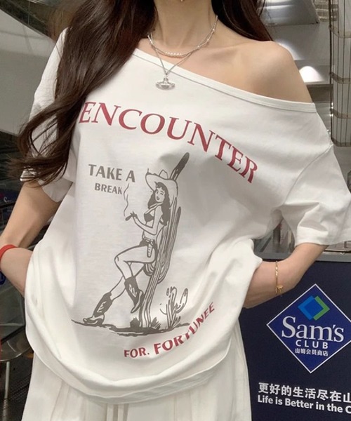 HALEY PESCA(ヘーリーペスカ)の「HALEY PESCA/カウガールプリントワンショルダーオーバーTシャツ(Tシャツ/カットソー・レディース・ホワイト・MEDIUM/SMALL)」の10枚目の写真