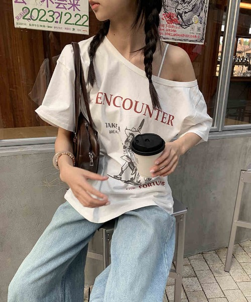 HALEY PESCA(ヘーリーペスカ)の「HALEY PESCA/カウガールプリントワンショルダーオーバーTシャツ(Tシャツ/カットソー・レディース・ホワイト・MEDIUM/SMALL)」の6枚目の写真