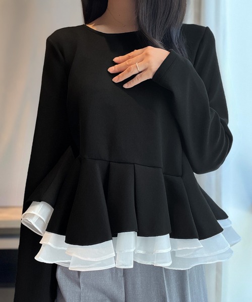 junoah(ジュノア)の「ペプラムシアードッキングカットトップス(Tシャツ/カットソー・レディース・ブラウン/ブラック/アイボリー・MEDIUM/LARGE/SMALL)」の1枚目の写真