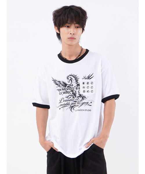 FABULOUS ARCHIVE(ファビュラスアーカイブ)の「ペガサスアイレットポケットリンガー半袖Tシャツホワイトブラック(FCG2TS813M)(Tシャツ/カットソー・レディース・ホワイト・MEDIUM/LARGE)」の1枚目の写真