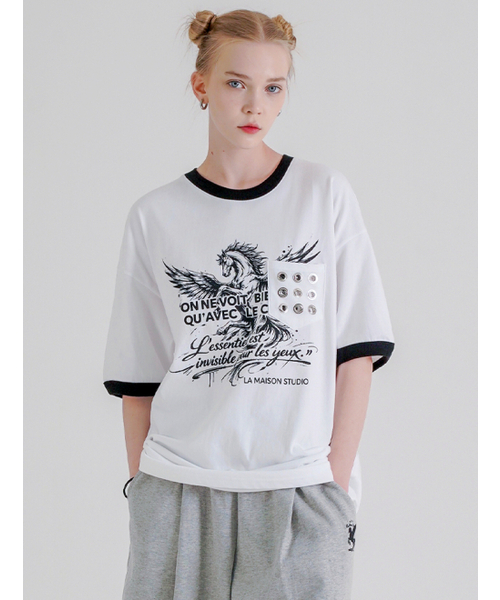 FABULOUS ARCHIVE(ファビュラスアーカイブ)の「ペガサスアイレットポケットリンガー半袖Tシャツホワイトブラック(FCG2TS813M)(Tシャツ/カットソー・レディース・ホワイト・MEDIUM/LARGE)」の2枚目の写真