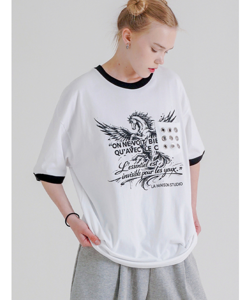 FABULOUS ARCHIVE(ファビュラスアーカイブ)の「ペガサスアイレットポケットリンガー半袖Tシャツホワイトブラック(FCG2TS813M)(Tシャツ/カットソー・レディース・ホワイト・MEDIUM/LARGE)」の3枚目の写真