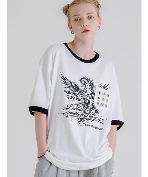 FABULOUS ARCHIVE(ファビュラスアーカイブ)の「ペガサスアイレットポケットリンガー半袖Tシャツホワイトブラック(FCG2TS813M)(Tシャツ/カットソー・レディース・ホワイト・MEDIUM/LARGE)」の4枚目の写真