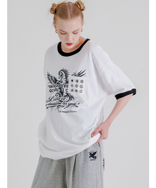 FABULOUS ARCHIVE(ファビュラスアーカイブ)の「ペガサスアイレットポケットリンガー半袖Tシャツホワイトブラック(FCG2TS813M)(Tシャツ/カットソー・レディース・ホワイト・MEDIUM/LARGE)」の5枚目の写真
