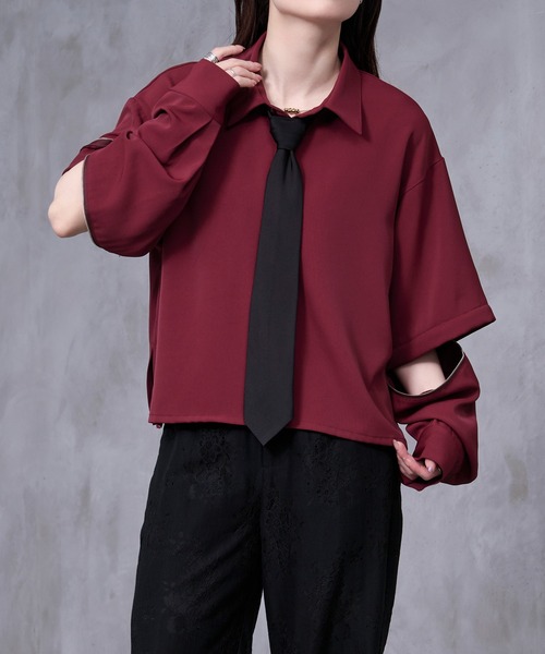 Ellno Loset(エルノロゼット)の「【Ryoooコラボ】スイッチスリーブネクタイ付きショートシャツ(シャツ/ブラウス・メンズ・オフホワイト/ボルドー・SMALL/MEDIUM/LARGE)」の15枚目の写真