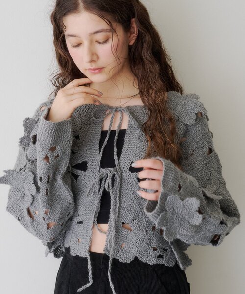 EPOCA かぎ針　フラワー　モチーフ　ニット　レース編み　カーディガン　ボレロ セール】フラワーモチーフニットカーデ【秋服】（カーディガン/ボレロ